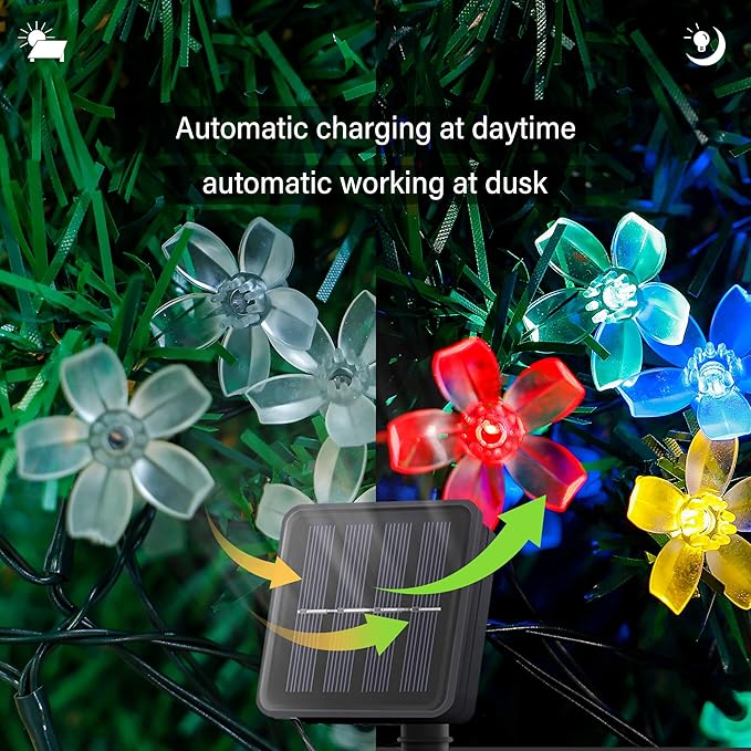 Solar Flower String Lights, 2PACK 50 LED Cherry Blossom Lights Outdoor Waterproof, Solar Fairy Lights Garden Decorations for Fence, Patio, Yard, Christmas Tree, Lawn, Party,Multicolor