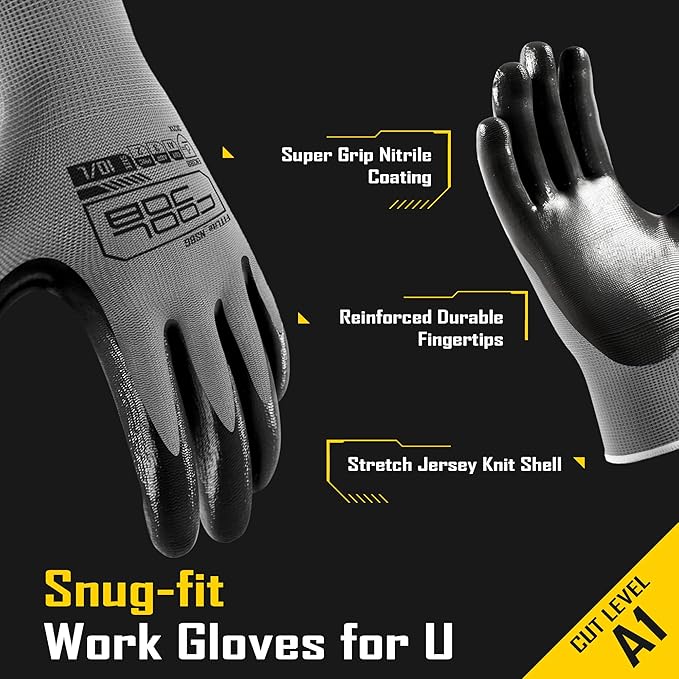 COOLJOB 20 Pairs Nitrile Dipped Safety Work Gloves with Grip, Non-slip Rubber Coated Bulk Garden Gloves for Men, Heavy-duty Oil Resistant for Truck Driver, Warehouse Box Handler, Medium, Gray