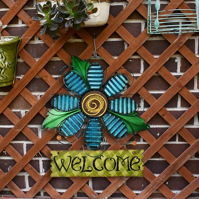 Large Rustic Metal Hanging Flower Welcome Wall Art Decor Hanging Metal Flower Welcome Door Wreath Kitchen Living Room Bathroom Patio Garden Yard Wall Decoration 15.75'' (Set of 3)