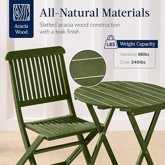 Best Choice Products 3-Piece Acacia Wood Bistro Set, Folding Patio Furniture for Backyard, Balcony, Deck w/ 2 Chairs, Round Coffee Table, Teak Finish - Olive