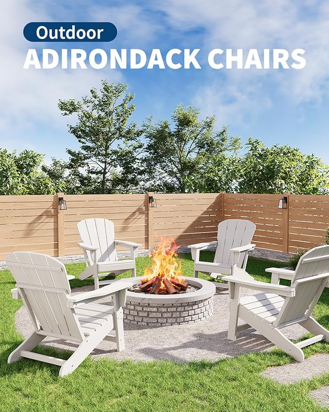 Modern HDPE Plastic Adirondack Chair - Oversize 380 LB Poly Lumber Weather Resistant Firepit Chair - Outdoor Patio Chairs with Wooden Textured for Garden, Backyard, Lawn, Deck, Pool, Porch - White