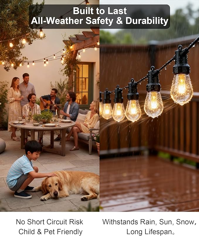 Smart Outdoor String Lights, 50FT RGB Color Changing Patio Lights with Timer, 21-Key RF Remote and Bluetooth App, IP65 Waterproof Shatterproof LED Lights for Backyard Balcony Garden Party Decor