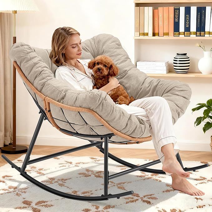 Outdoor Rocking Chair, Oversized Papasan Reading Chair Indoor with Thick Cushion, Comfy Rattan Rocker Egg Chair for Patio, Garden, Balcony, Lawn, Backyard, Bedroom, up to 450lbs, Beige