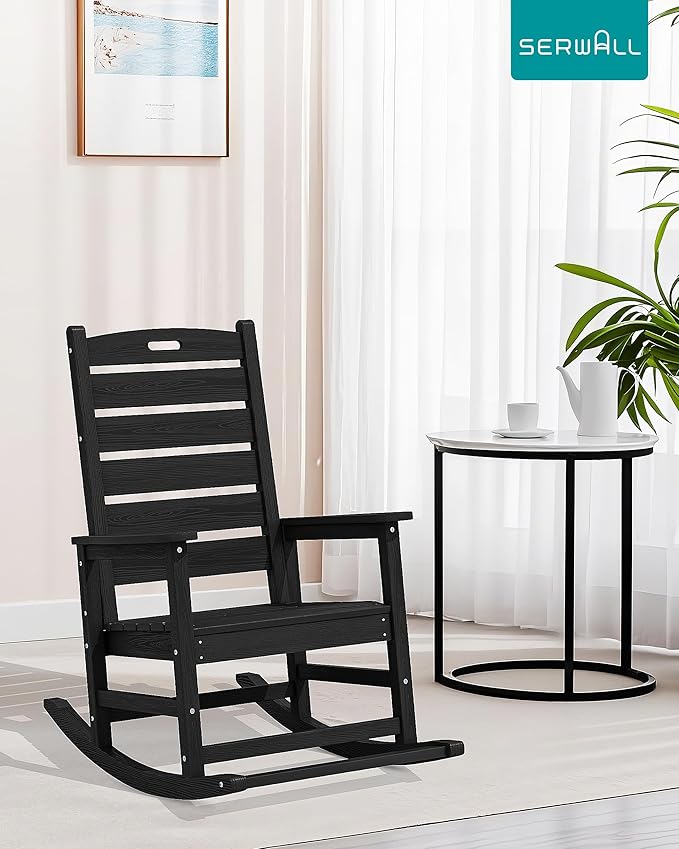 SERWALL Oversized Outdoor Rocking Chair, HDPE Patio Rocking Chair with Footboard for Adults, All Weather Porch Rocker for Deck Patio Balcony, Black