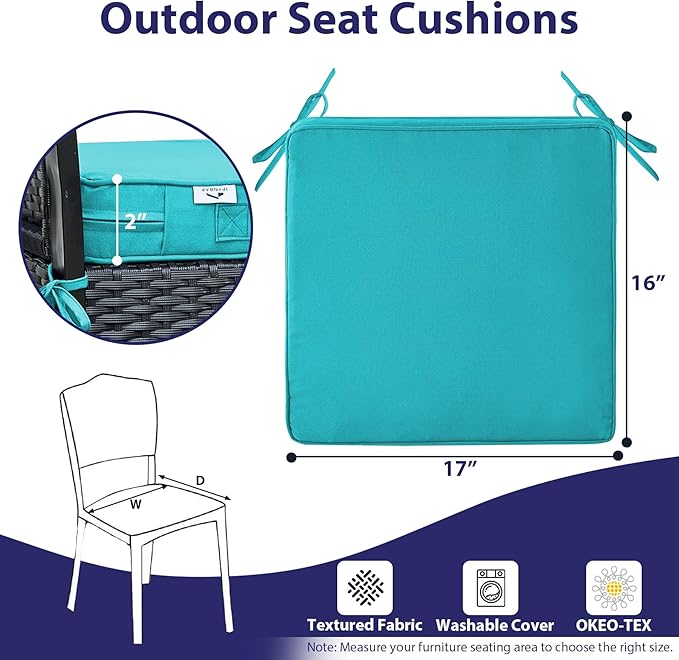Outdoor Chair Cushions Set of 4,Waterproof Outdoor Seat Cushions for Patio Furniture,Patio Chair Cushion with Handle and Ties, Square Out Door Chair Pads,17" x 16" x 2", Teal