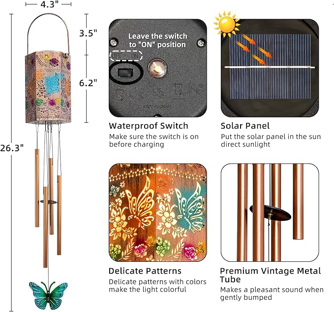 Butterfly Solar Wind Chimes for Outside Solar Lights Outdoor Decor Gifts for Women Mom Grandma Birthday Gifts