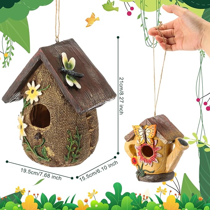 2 Pcs Decorative Birdhouse for Outdoor Hanging Bird Houses for Outside Colorful Decorative Cute Resin Birdhouses for Outside Indoors Garden Backyard Decor, Gift for Bird Lovers(Novel)