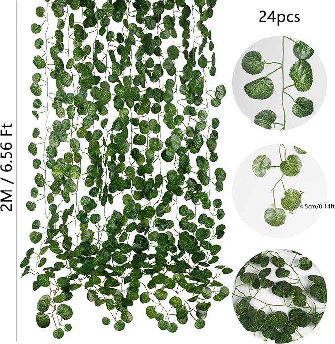 24 Pack 168 Ft Fake Vines for Room Decoration Greenery Garland Artificial Hanging Plants Faux Green Leaves Wall Vine for Bedroom Ceiling Cottage Core Wedding Garden Party Decor