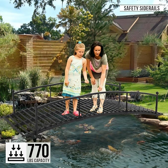 Garturects Metal Garden Bridge 8 FT - Durable Decorative Footbridge with Siderails Large Outdoor Bridges, Weight Capacity 770 lbs for Backyard, Creek, Lawn, Stream
