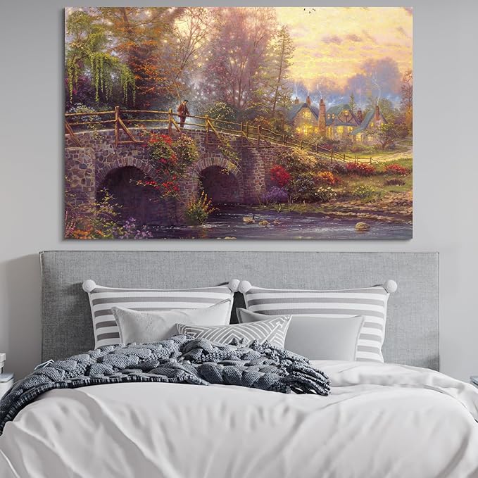 STUDIO HAVEN Thomas Kinkade Canvas Wall Art, Flower-Covered Bridge Glowing Cottages Figure and River Ducks Oil Painting Poster Rustic Wall Decor, Framed Prints for Home Decor, 24x16Inch