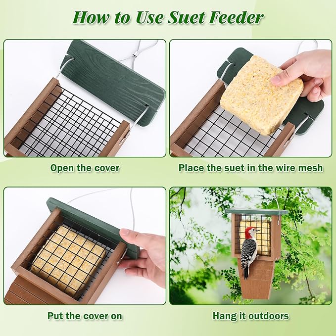 Gtongoko Recycled Plastic Suet Bird Feeder for Outside Hanging, Woodpecker Suet Feeder with Tail Prop, Hanging Suet Holder Birdfeeders, 1 Pack, Green