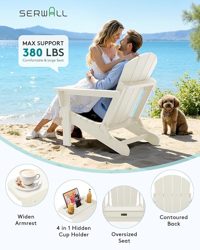 SERWALL Folding Adirondack Chair Set of 4, Outdoor Adirondack Chairs with 4 in 1 Cup Holder, Wood Texture Patio Chairs, Weather Resistant Fire Pit Chairs for Patio Deck Garden, Backyard Deck - White