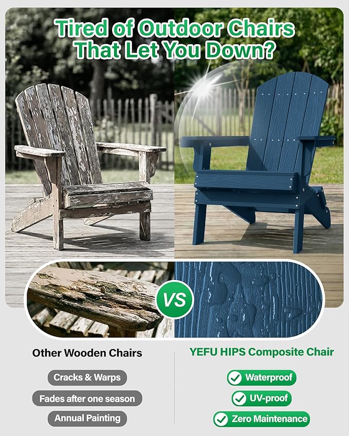 YEFU Adirondack Chair, Oversized Plastic Adirondack Chair Folding Outdoor Chairs with Cup Holder, Lawn Chair with Weather Resistant for Outside Deck Lawn Garden, Weight Capacity Up to 400 Lbs –Navy
