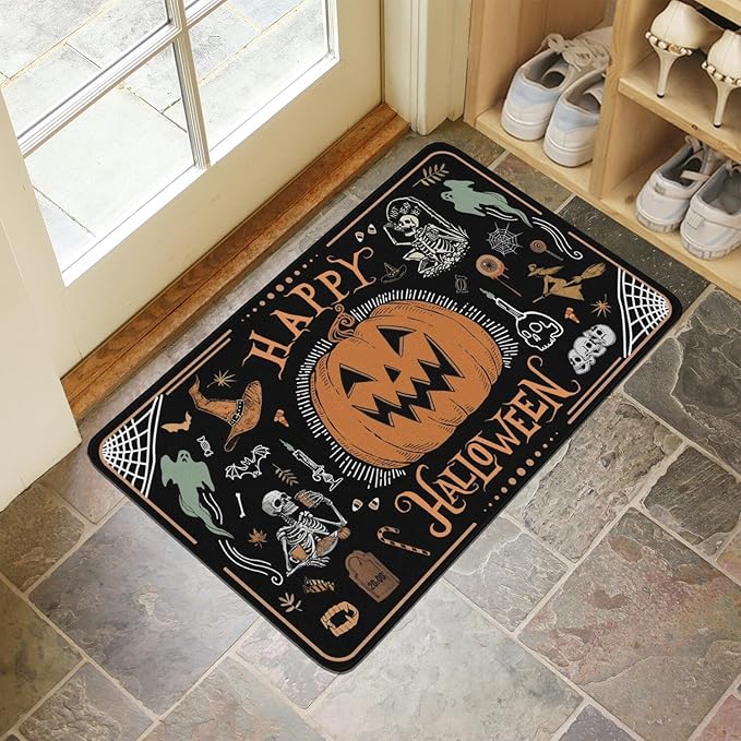 Halloween Decor Welcome Door Mat,Funny Skeleton Pumpkin Home Decoration Non-Slip Indoor Outdoor Front Doormats Rug 17 x 30 Inch