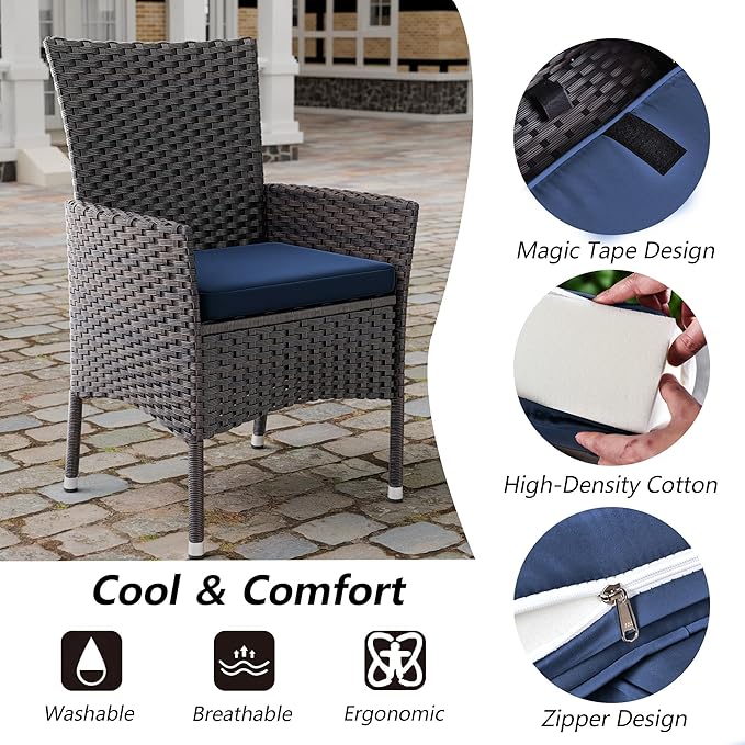 Kullavik 5-Piece Outdoor Dining Set Patio Rattan Furniture Set,Patio Dining Table and Chairs Set with 4 Chairs and Cushions,Square Glass Tabletop with Umbrella Hole for Patio,Navy Blue