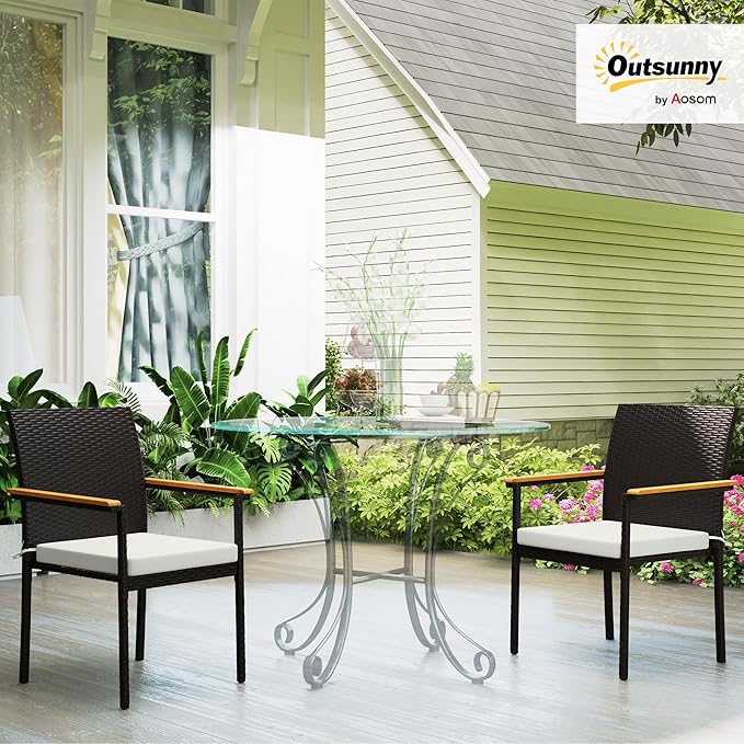 Outsunny Wicker Outdoor Dining Chairs Set of 2, Stackable PE Rattan Patio Dining Chairs with Cushions and Acacia Wood Armrests for Deck, Garden, 353 LBS Capacity, Cream White
