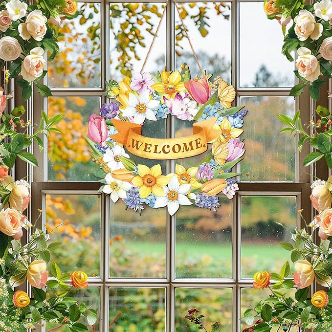 Spring Door Sign, 11.5" Flower Welcome Spring Door Hanger Decor for Front Door Rustic Flower Wall Pediments for Spring Easter Party Outdoor Indoor Front Door Decor