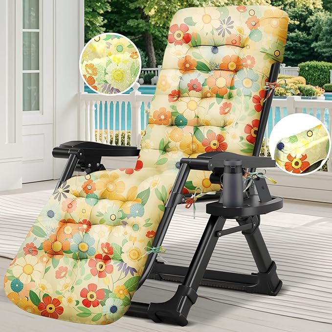 Outdoor Chaise Lounge Chair Cushion Waterproof 66 x 21 x 4 Inches Cotton Lounge Chair Cushions with Ties, Soft Thickened Lounge Chair Cushions for Indoor Outdoor Furniture (Daisy)
