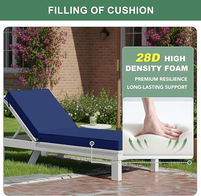 Chaise Lounge Cushions Outdoor Set of 2 - Waterproof and Fade Resistant Sun Lounger Replacement Cushions - Patio Lounger Pads with Removable Cover for Pool, Deck, 72 x 21 x 3 Inch, Navy