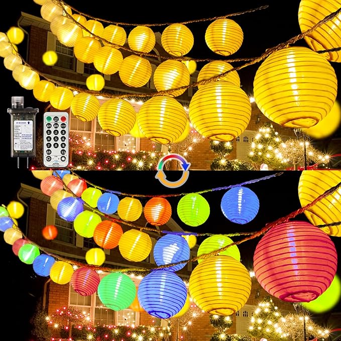 Outdoor String Lights Plug in, 40ft 40LED Connectable WarmWhite & Multicolor Nylon Lantern String Lights with Remote, Timer Outdoor Waterproof Patio Lights for Fences Balcony Garden Camping