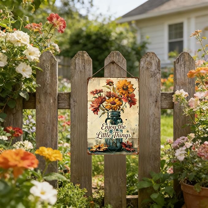 Garden Signs Vintage Flower Sign Funny Fresh Flowers Iron Painting Enjoy The Little Things for Kitchen Enjoy for Farmhouse Home Garden Kitchen Office 16x12 Inch
