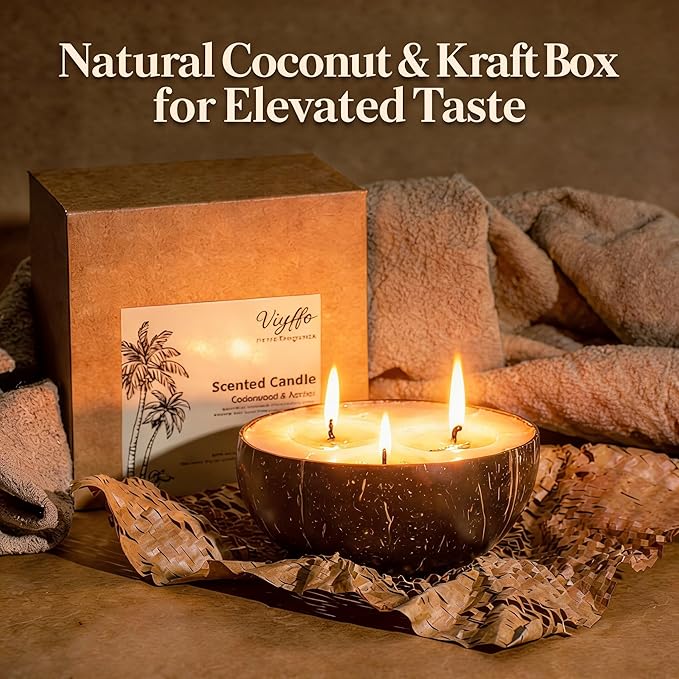 Viyffo Large Lemongrass Citronella Candles Outdoor, 3 Wick 18oz Citronella Candle Indoor, Non Toxic Soy Scented Candle, Natural Coconut Shell Jar for Patio, Garden, Backyard & Camping Décor & Gift