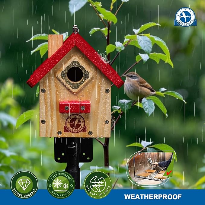 Wren Bird House, Premium Wooden Bird Houses for Outside, Classic Cabin Design Birdhouses for Outdoors, Hanging Bird House, Red-Breasted Nuthatch Wren Chickadee