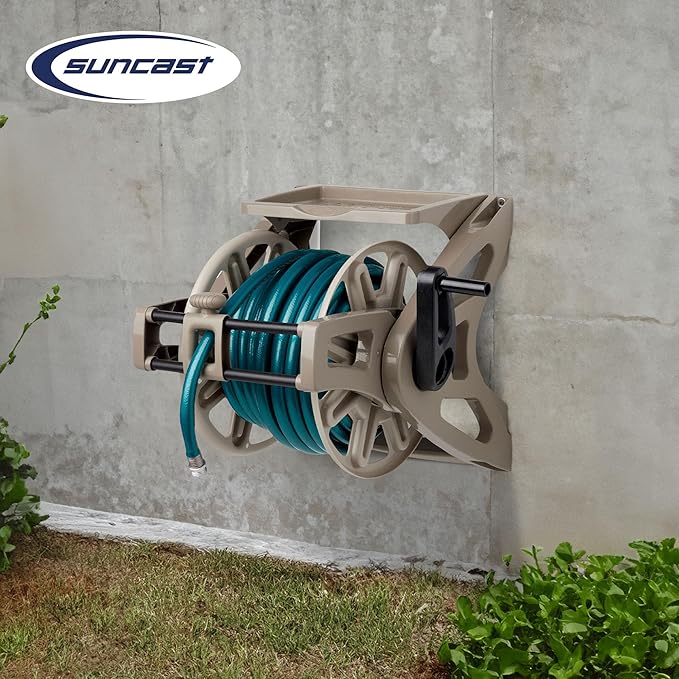 Suncast Hose Handler Wall-Mounted Reel for Outdoor Garden Storage, Light Taupe - Holds 175 ft of Standard 5/8" Vinyl Hoses, Resin Organizer with Slide Trak Guide and Accessory Tray.