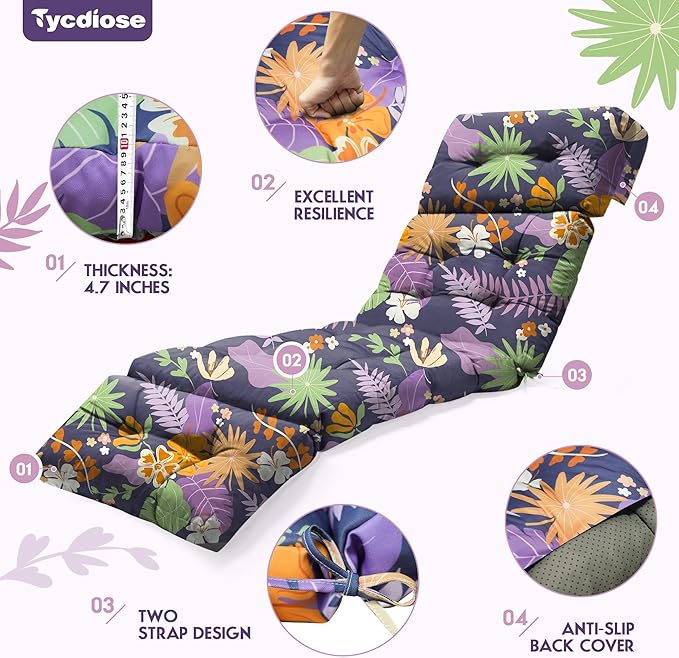 Outdoor Chaise Lounge Chair Cushion Set of 4, Waterproof 74.4 x 22 x 4.7 Inches Memory Foam Thickened Lounge Chair Cushions Replacement for Outdoor Furniture with Ties, Purple Floral Leaf