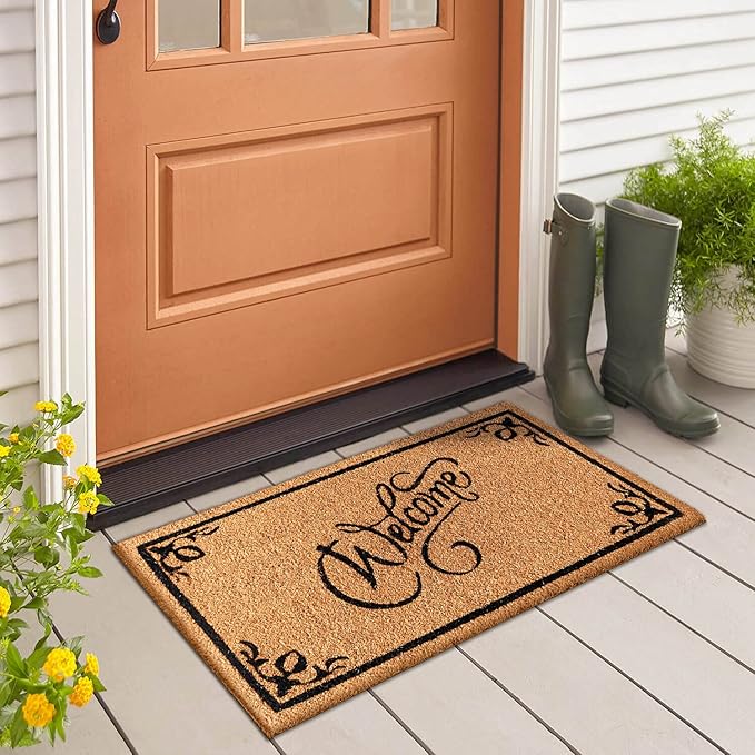 LuxUrux Welcome Mat Outdoor Coco Coir Doormat, with Heavy-Duty PVC Backing - Natural - Perfect Color/Sizing for Outdoor/Indoor uses. (17 x 36 inch, Welcome)