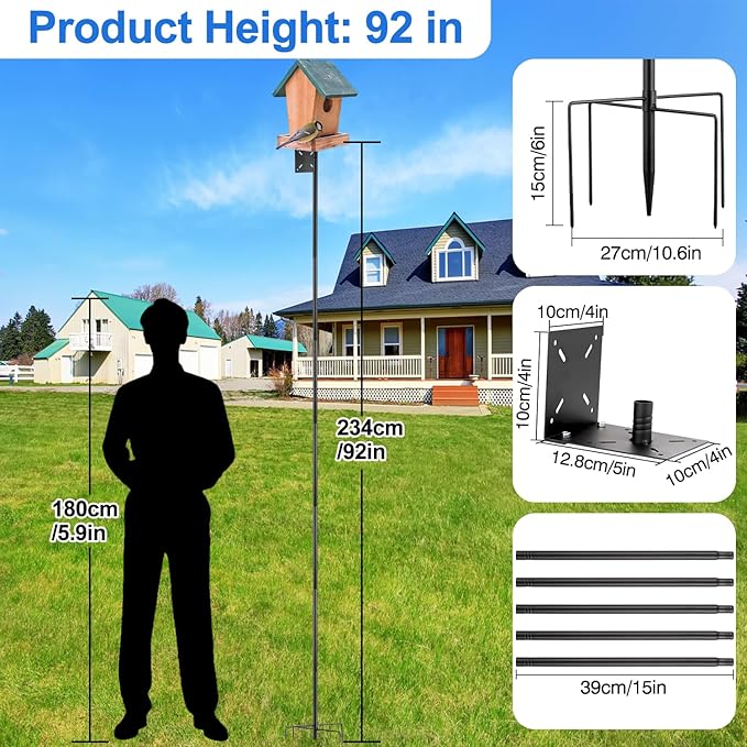 Bird Feeder Pole Stand,92 Inch Bird House Pole for Outdoors Heavy Duty, Bird House Mount Kit with 5-Prong Base,Adjustable Feeding Station for Hanging Feeders,Wild Birds Watching
