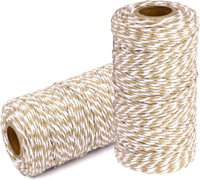 Cotton Twine String Bakers Rope: 2 Roll Twines for Crafts Gift Wrapping - 656 Feet Khaki White Twine for Kitchen Cooking