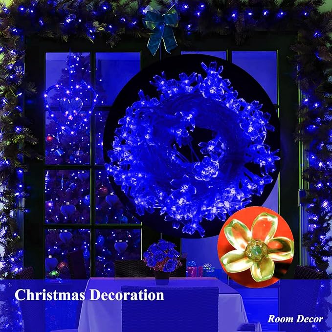 FULLBELL Flower String Lights Christmas Blue 33 Feets 100 LED Memory String Indoor Outdoor Fairy Bedroom Wedding Party Tiktok Trends Items (Blue)