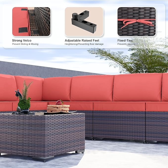 Kullavik 9PCS Outdoor Patio Furniture Set PE Wicker Rattan Sectional Sofa Patio Conversation Sets,Red
