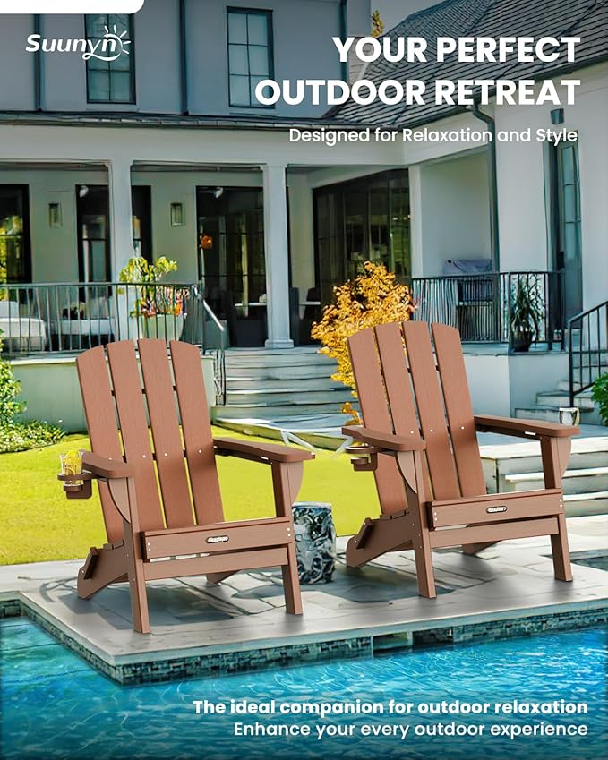 Folding Adirondack Chair 2 Pack, HDPE All-Weather Fire Pit Chairs, Plastic Adirondack Chairs with 2 Cup Holder, Outdoor Lawn Chair for Patio Garden (Teak)