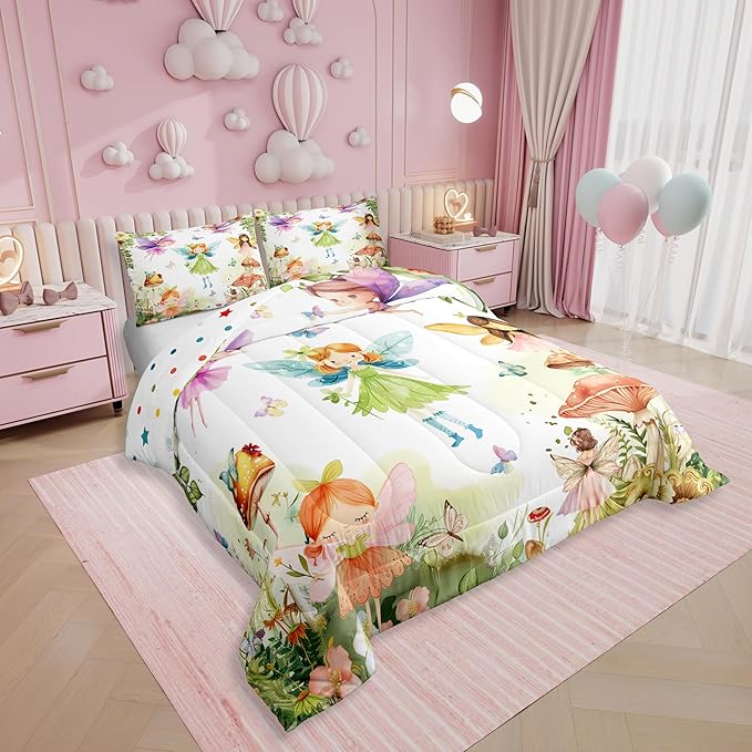 Erosebridal Fairy Garden Queen Bedding Set,Mushroom Butterfly Comforter Set for Girls Kids,Dreamy Fairy Floral Comforter,Cute Girly Princess Bedroom Room Decor,2 Pillowcases Lightweight