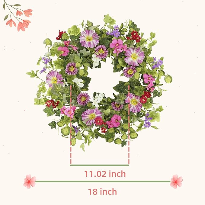 YNYLCHMX 18" Spring Summer Wreaths for Front Door, Artificial Floral Wreath with Pink Daisy & Green Eucalyptus Leaves, Green Foliage Wreath for Wall Window Farmhouse Party Holiday Home Decor