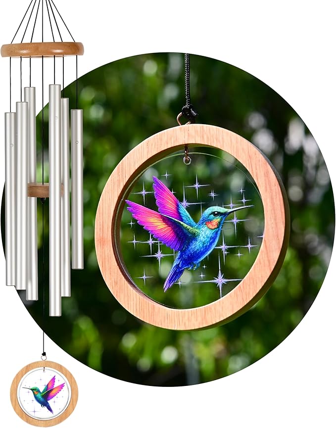 Wind Chimes for Outside, Wind Chimes Outdoor Clearance, Deep Tone Outdoors, Hummingbird Wind Chime, Memorial, Sympathy Gift, Patio, Porch, Home Décor, Modern, Acrylic Art, Silver (34" Hummingbird)