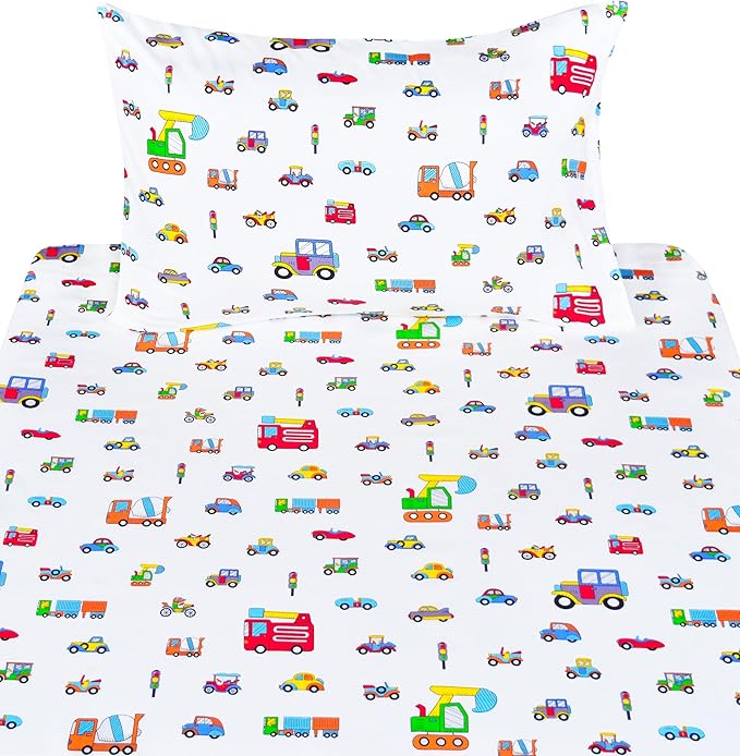Scientific Sleep Little Cars Big Trucks Fire Cars Train Engineering Vehicle Cute Fun 100% Cotton Cozy Twin Bed Sheet Set, Flat Sheet & Fitted Sheet & Pillowcase Bedding Set