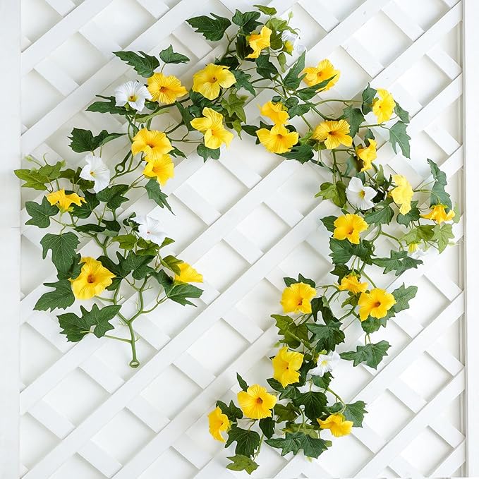 Mizii Artificial Petunias Flower Vines Garland 6 Feet Yellow Faux Morning Glory Silk Flowers Garland UV Resistant Fake Hanging Vines Plants Decorations for Outdoor Garden Indoor Home Decor (Yellow)