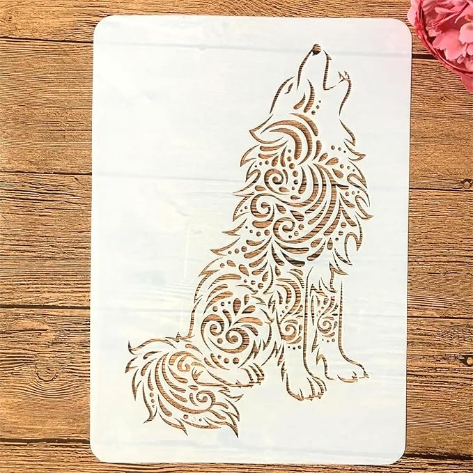 TIAMECH A4 Reusable Wolf Stencil for Painting - Sit Wolf Dog Layering Template, DIY Wall Art, Wood Furniture, Scrapbook & Crafts (8.3x11.7inch)