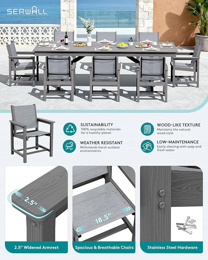 SERWALL 9 Piece Outdoor Dining Set, 84" HDPE Outdoor Table and Chairs for 8，All Weather Patio Furniture Set with Umbrella Hole for Backyard, Garden, Gray