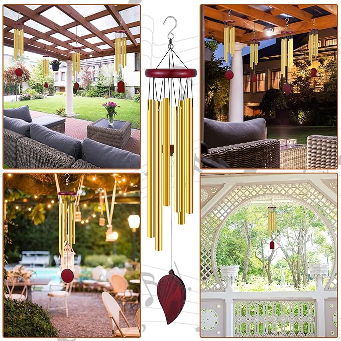 Tatuo 4 Pcs Memorial Wind Chimes 28 Inch Wooden Sympathy Wind Chimes DIY Sympathy Gift for Father's Day Loss of Loved One Bereavement with 6 Aluminum Tube for Indoor Outdoor(Gold,Simple Style)