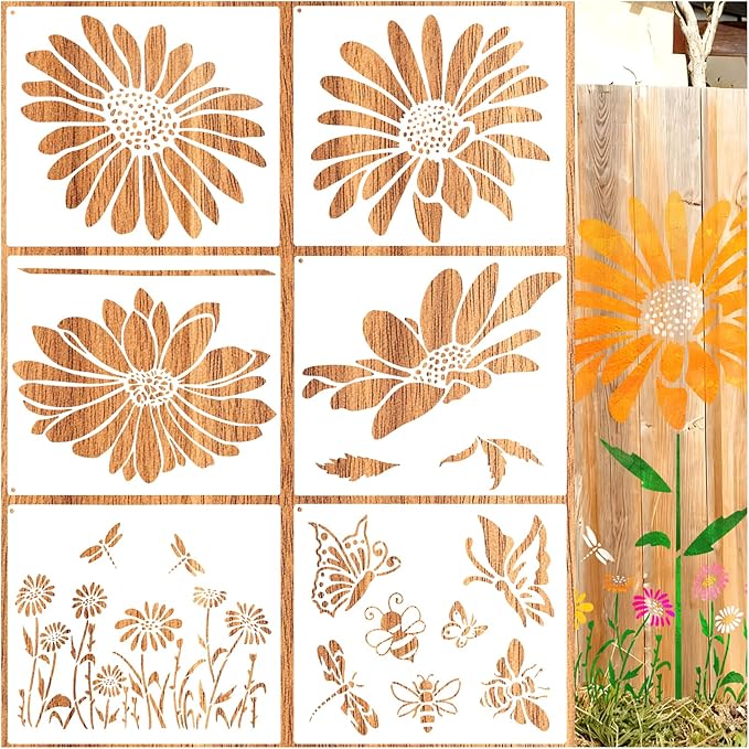 6Pcs Large Flower Stencils for Painting on Walls 16 x 12 Inch Giant Reusable Wall Stencil for Wood Fence Garden Crafts Wildflower Stencils Sunflower Paint Templates Outdoor DIY Wall Art Decor