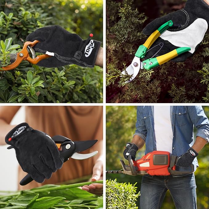 TOPDC Leather Work Gloves for Men or Women, Cowhide Leather Gloves for Gardening, Tig/Mig Welding, Chainsaw, Farm, Ranch, Reinforced Palm, Adjustable Cuff, Cotton Lining, Firm Grip & Durable, M
