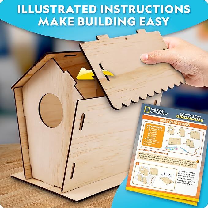 NATIONAL GEOGRAPHIC Creative Conservation™ Build Your Own Birdhouse Kit – DIY Wooden Birdhouse Craft with Paints, Brush, Bird-Watching Journal & Educational Poster for Kids, Bird House Craft