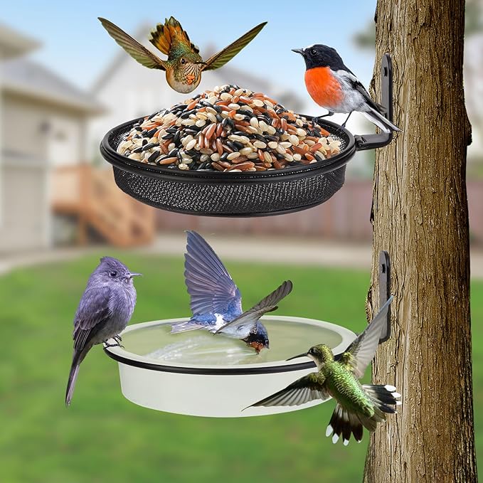 2 Fence Bird Feeder Trays - Outdoor Tree Mounted Wild Bird Bath, 7” in Diameter Feeders with Heavy-Duty Iron Rings, Installed on Wooden Fences, Trees, Decks, Indoor and Outdoor Walls