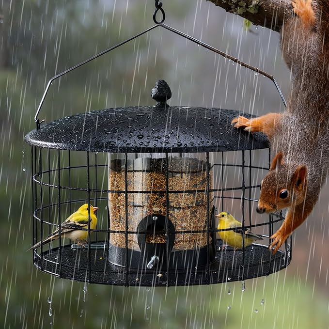 Veehoo Squirrel Proof Bird Feeders for Outdoors Hanging, Metal Caged Wild Bird Feeder for Cardinal Finch Small Birds, Thistle Squirrel-Proof Clear Tube Birdfeeder for Outdoor Balcony