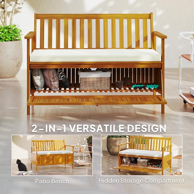 Outsunny Outdoor Bench with Storage Box, 28 Gallon Outdoor Storage Bench, Acacia Wood Garden Seat with Cushion, 2 Seater Patio Furniture for Park, Balcony, Teak
