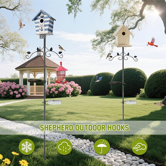 ERYTLLY Bird Feeder Pole Stand, 91 Inch Bird House Pole with 5-Prong Base Shepherds Hook for Hummingbird Feeders, Adjustable Bird Feeder Stand with Water Bowl Metal Mesh Tray for Outdoor Garden Decor